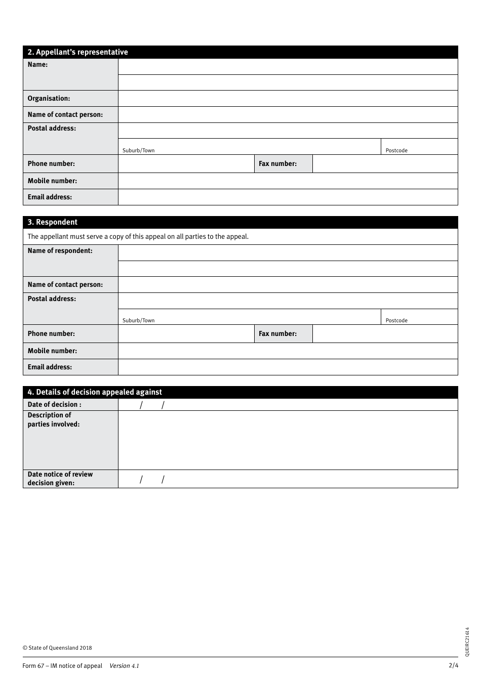 Form 67 Im Notice of Appeal - Queensland, Australia, Page 2