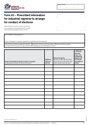 Form 65 Prescribed Information for Industrial Registrar to Arrange for Conduct of Elections - Queensland, Australia