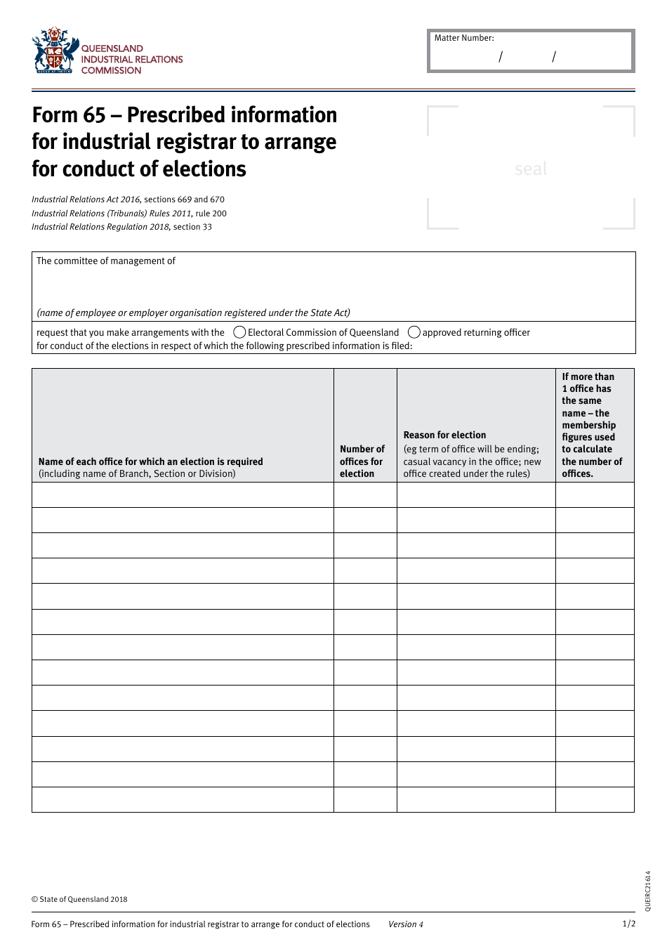 Form 65 Prescribed Information for Industrial Registrar to Arrange for Conduct of Elections - Queensland, Australia, Page 1
