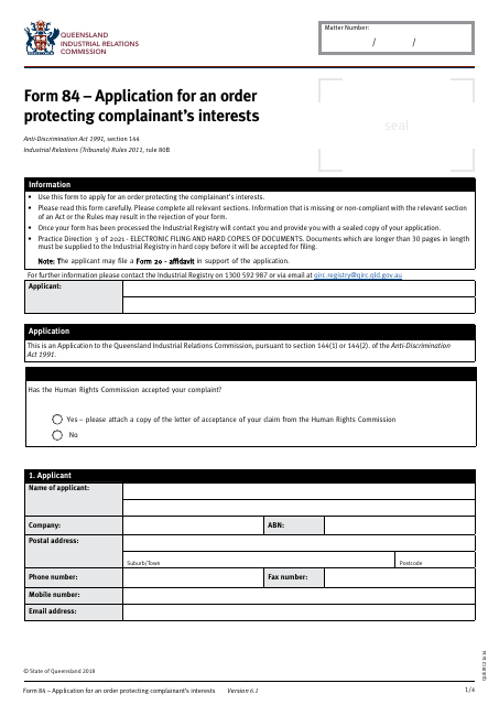 Form 84 Application for an Order Protecting Complainant's Interests - Queensland, Australia