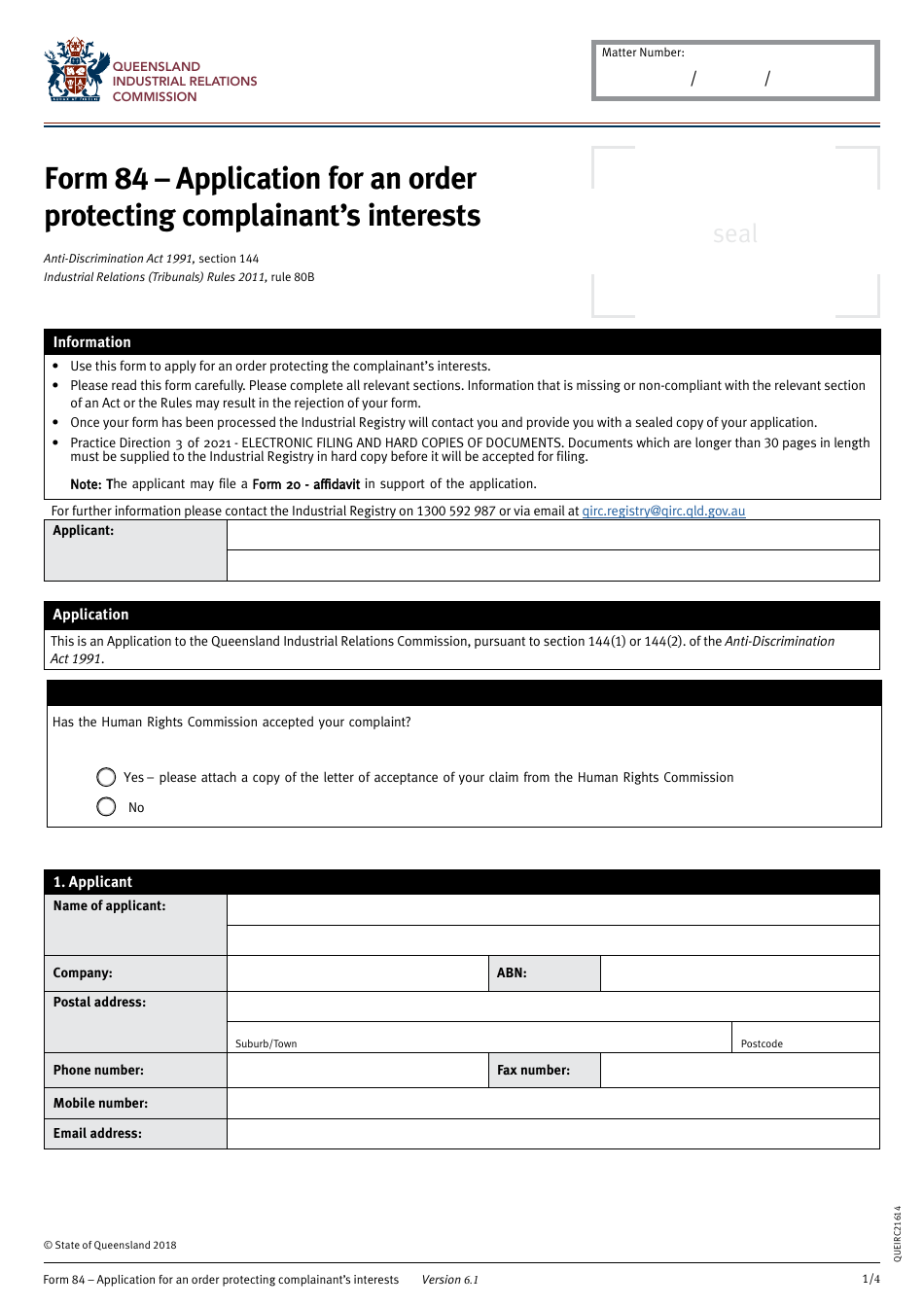 Form 84 Application for an Order Protecting Complainants Interests - Queensland, Australia, Page 1