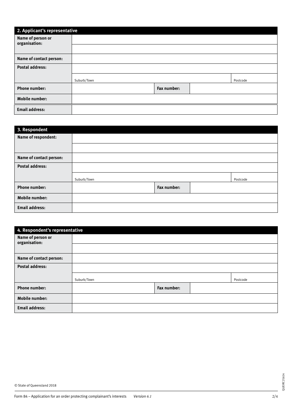 Form 84 Application for an Order Protecting Complainants Interests - Queensland, Australia, Page 2