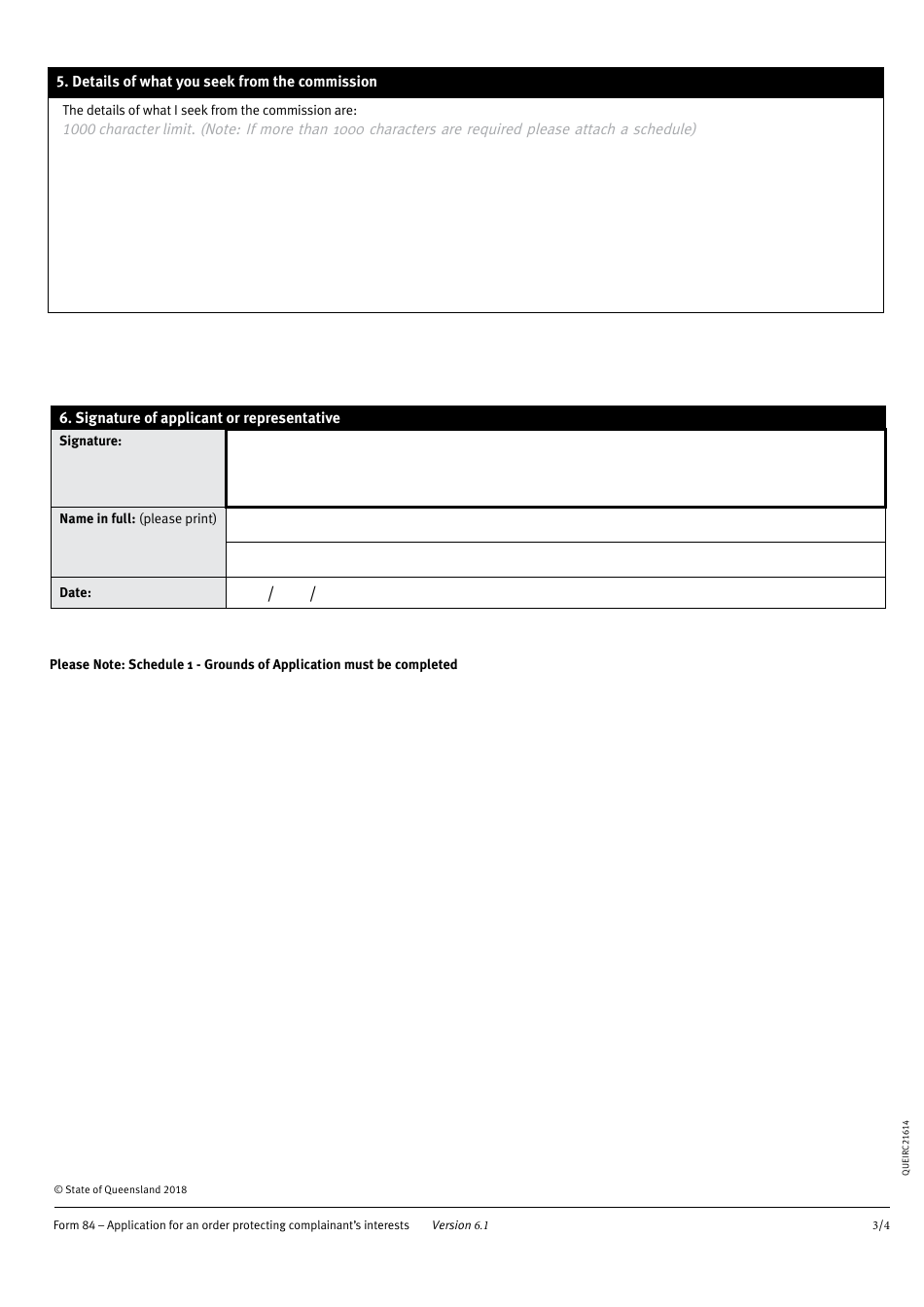 Form 84 Application for an Order Protecting Complainants Interests - Queensland, Australia, Page 3