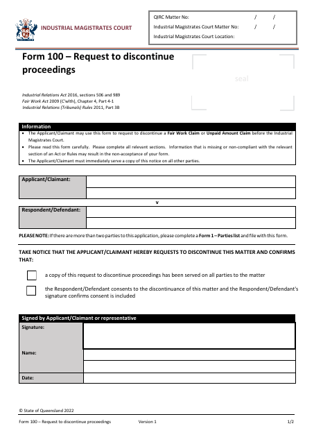 Form 100 Request to Discontinue Proceedings - Queensland, Australia