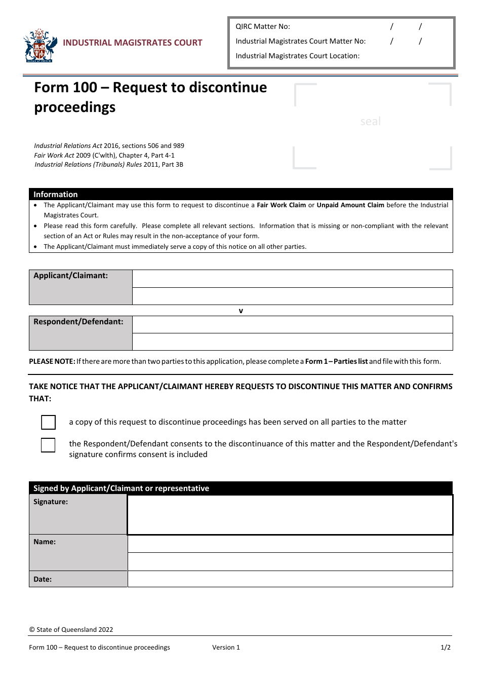 Form 100 - Fill Out, Sign Online and Download Fillable PDF, Queensland
