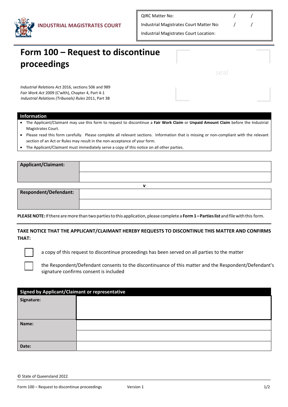 Form 100 Request to Discontinue Proceedings - Queensland, Australia, Page 1