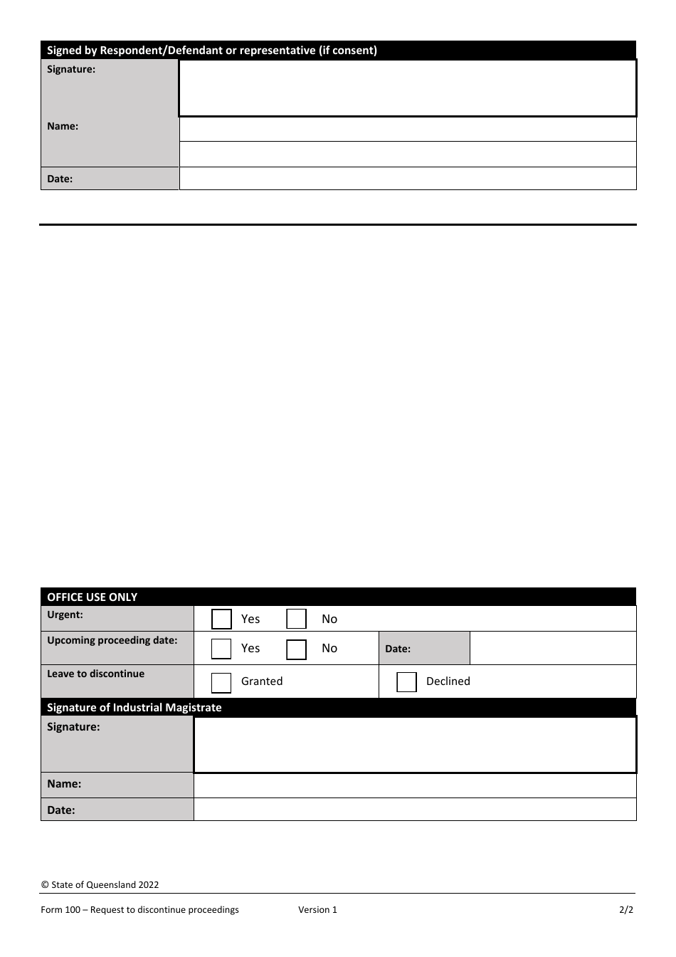 Form 100 Request to Discontinue Proceedings - Queensland, Australia, Page 2