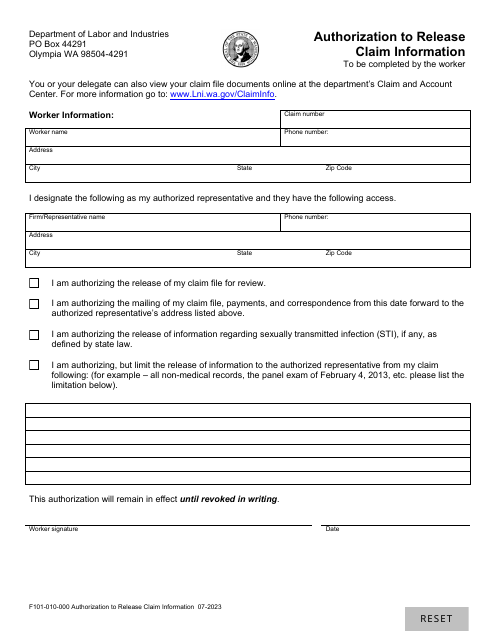 Form F101-010-000 Authorization to Release Claim Information - Washington