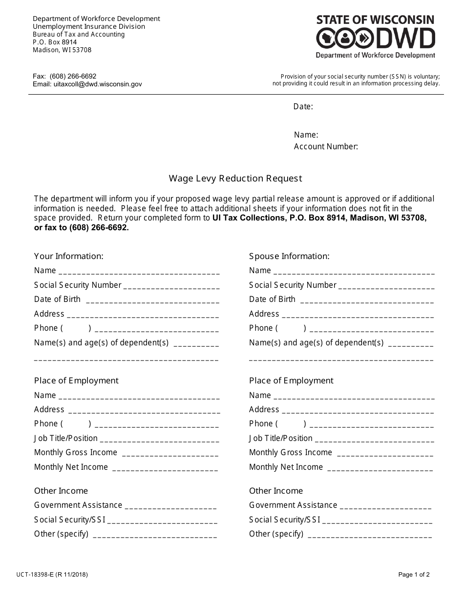 Form UCT-18398-E Wage Levy Reduction Request - Wisconsin, Page 1