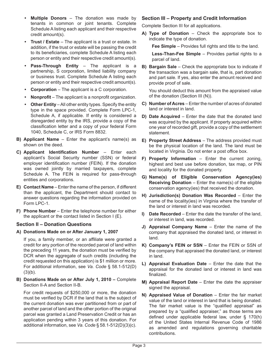 Instructions for Form LPC-1 Application for a Land Preservation Credit - Virginia, Page 3