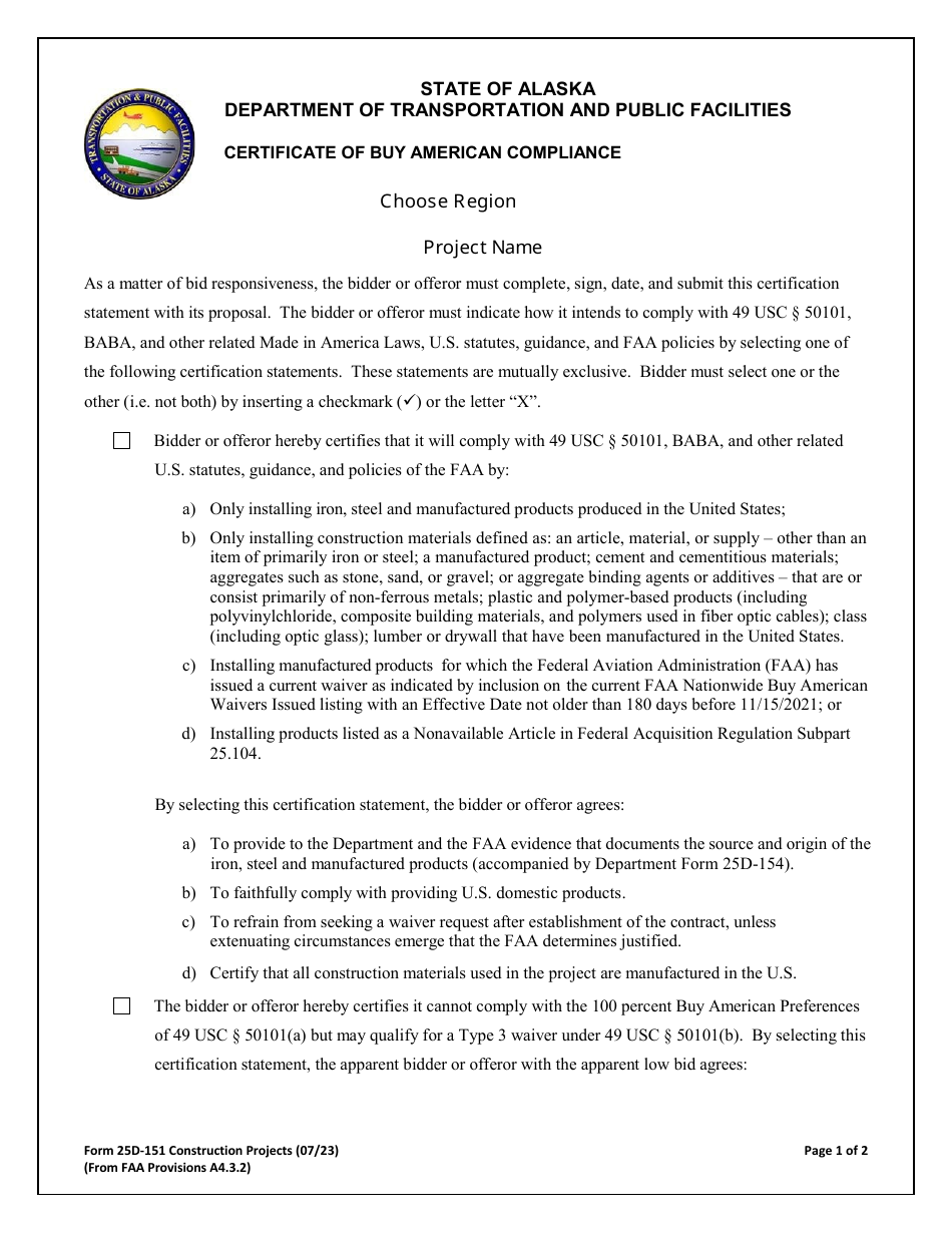 Form 25D-151 Certificate of Buy American Compliance - Alaska, Page 1