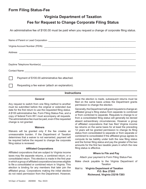 Fee for Request to Change Corporate Filing Status - Virginia Download Pdf