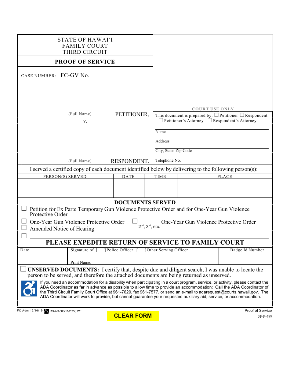 Form 3F-P-499 Proof of Service - Hawaii, Page 1
