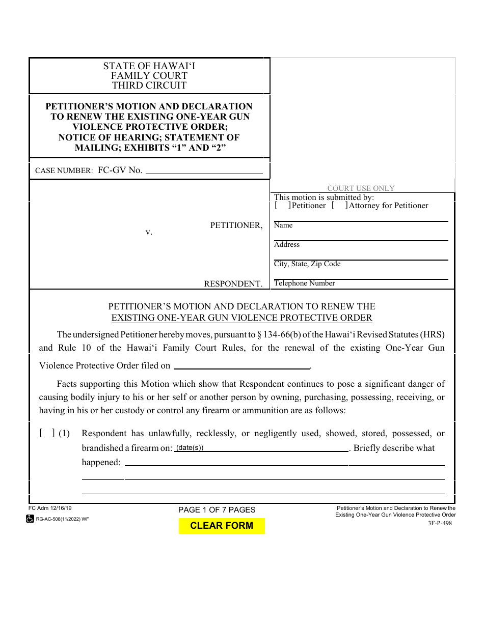 Form 3F-P-498 Petitioners Motion and Declaration to Renew the Existing One-Year Gun Violence Protective Order; Notice of Hearing; Statement of Mailing; Exhibits 1 and 2 - Hawaii, Page 1