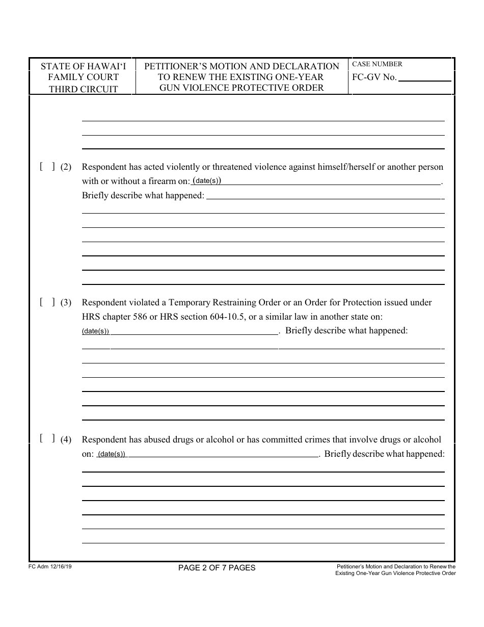 Form 3F-P-498 Petitioners Motion and Declaration to Renew the Existing One-Year Gun Violence Protective Order; Notice of Hearing; Statement of Mailing; Exhibits 1 and 2 - Hawaii, Page 2