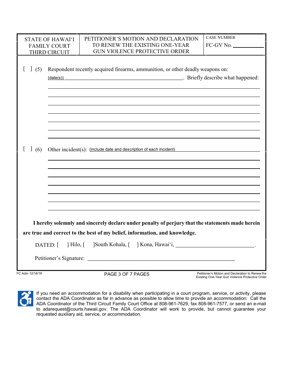 Form 3F-P-498 Petitioners Motion and Declaration to Renew the Existing One-Year Gun Violence Protective Order; Notice of Hearing; Statement of Mailing; Exhibits 1 and 2 - Hawaii, Page 3