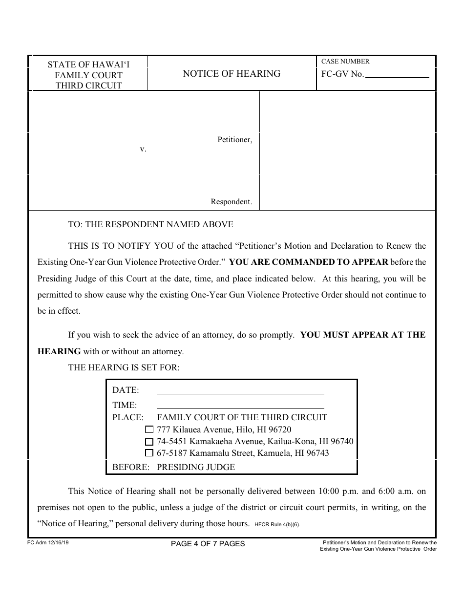 Form 3F-P-498 Petitioners Motion and Declaration to Renew the Existing One-Year Gun Violence Protective Order; Notice of Hearing; Statement of Mailing; Exhibits 1 and 2 - Hawaii, Page 4