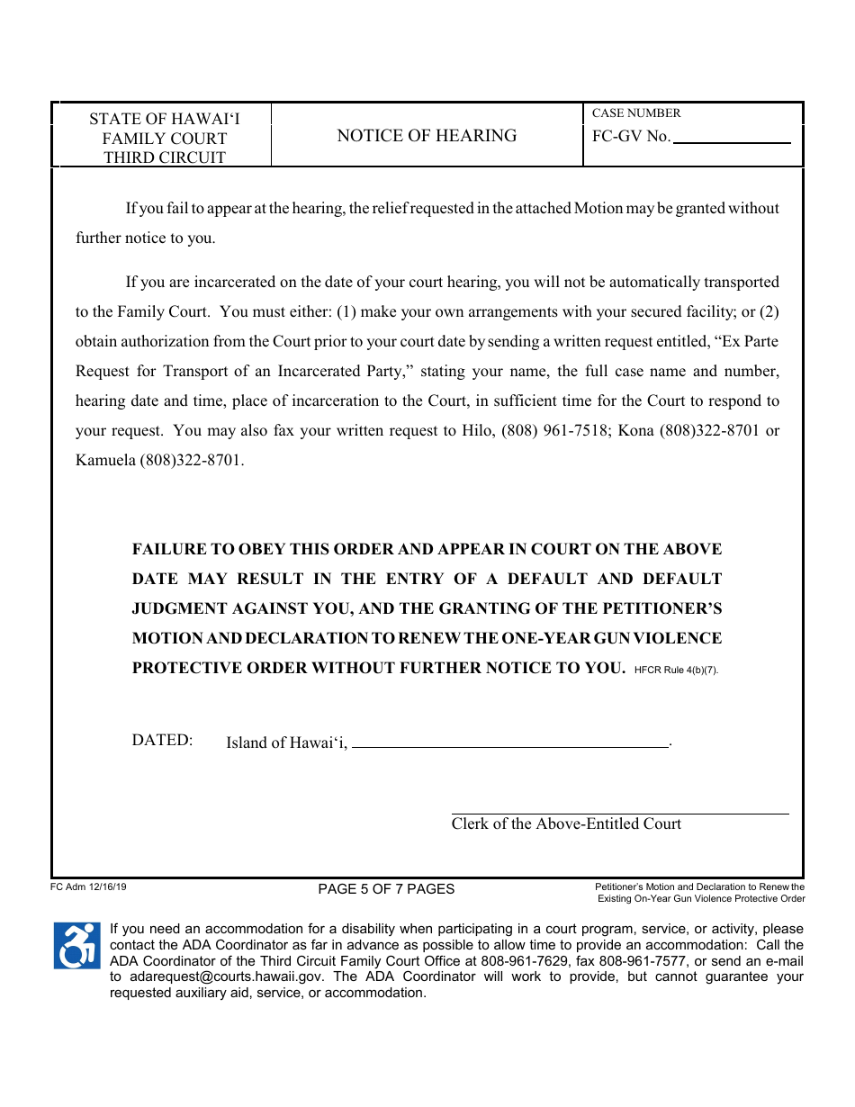 Form 3F-P-498 Petitioners Motion and Declaration to Renew the Existing One-Year Gun Violence Protective Order; Notice of Hearing; Statement of Mailing; Exhibits 1 and 2 - Hawaii, Page 5