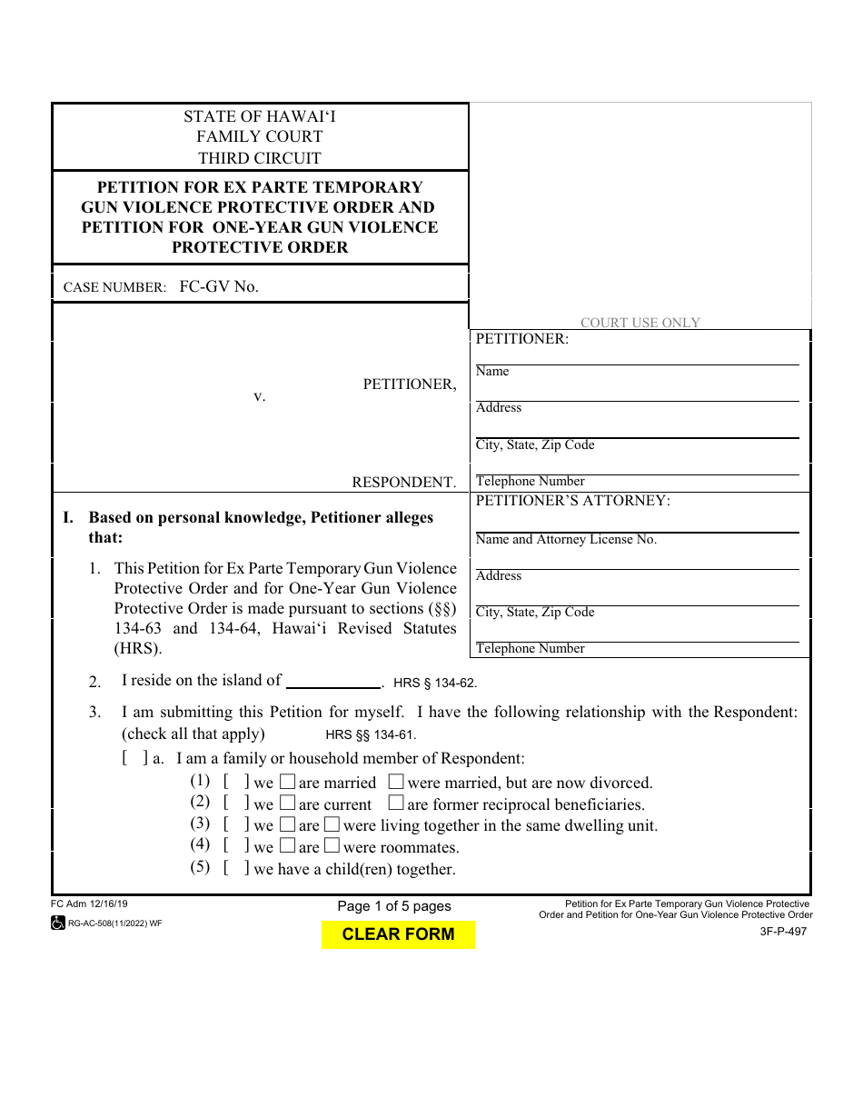 Form 3F-P-497 Petition for Ex Parte Temporary Gun Violence Protective Order and Petition for One-Year Gun Violence Protective Order - Hawaii, Page 1
