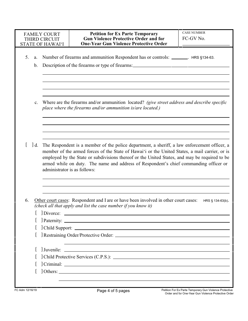 Form 3F-P-497 Petition for Ex Parte Temporary Gun Violence Protective Order and Petition for One-Year Gun Violence Protective Order - Hawaii, Page 4
