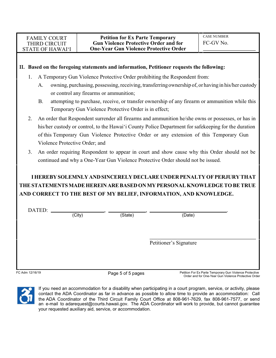 Form 3F-P-497 Petition for Ex Parte Temporary Gun Violence Protective Order and Petition for One-Year Gun Violence Protective Order - Hawaii, Page 5
