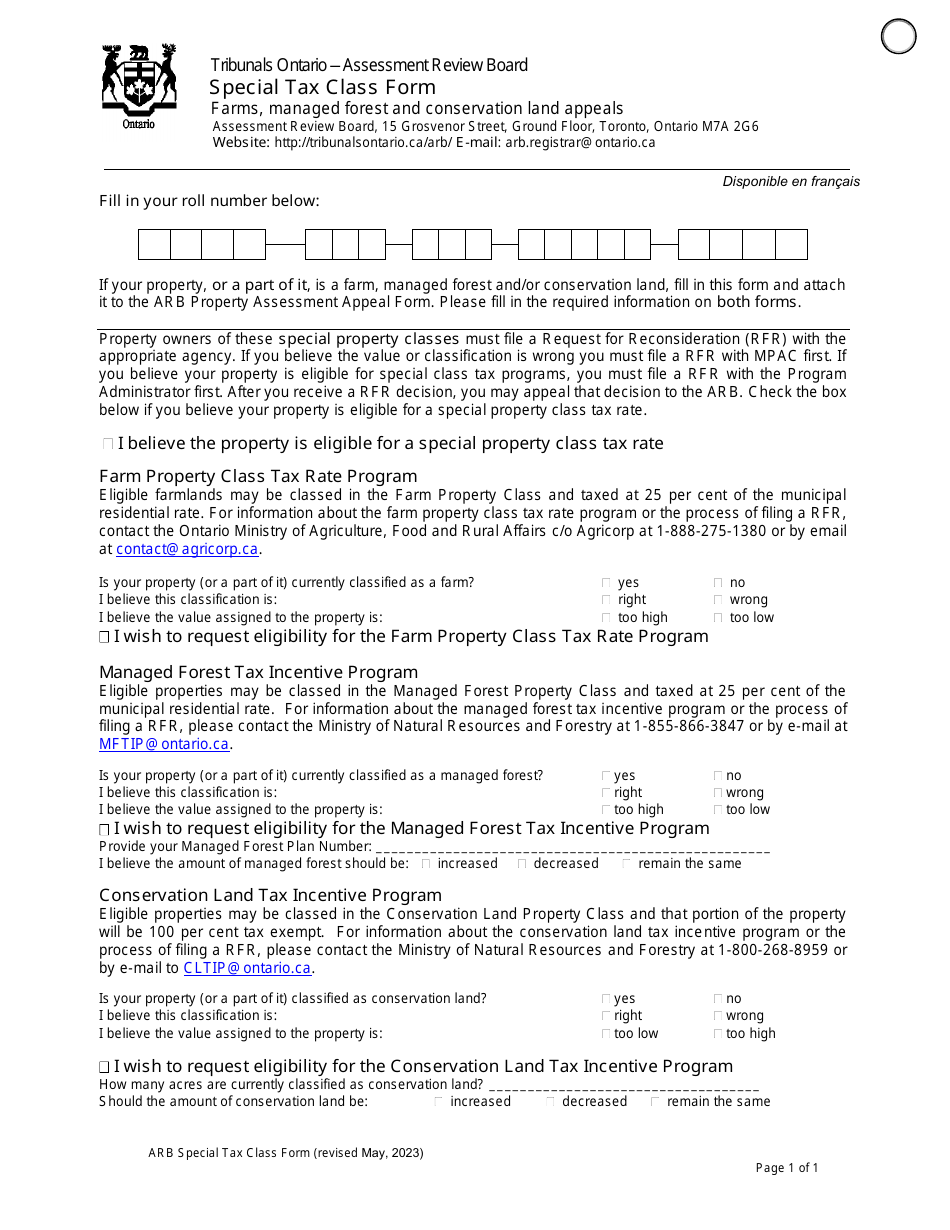 Special Tax Class Form - Ontario, Canada, Page 1
