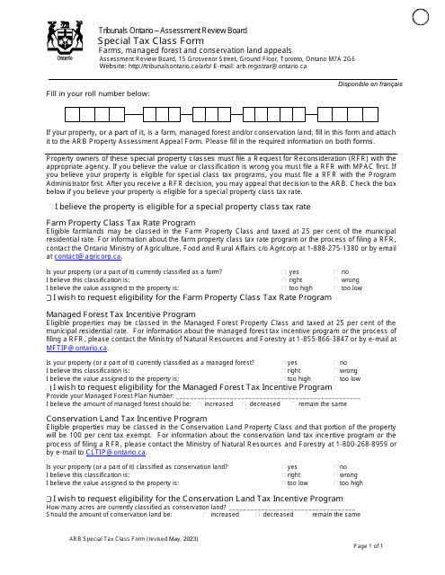 Special Tax Class Form - Ontario, Canada Download Pdf