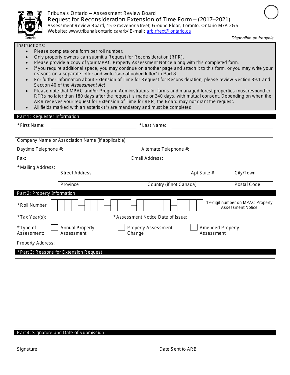 Request for Reconsideration Extension of Time Form - Ontario, Canada, Page 1