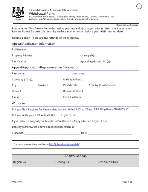 Withdrawal Form - Ontario, Canada Download Pdf