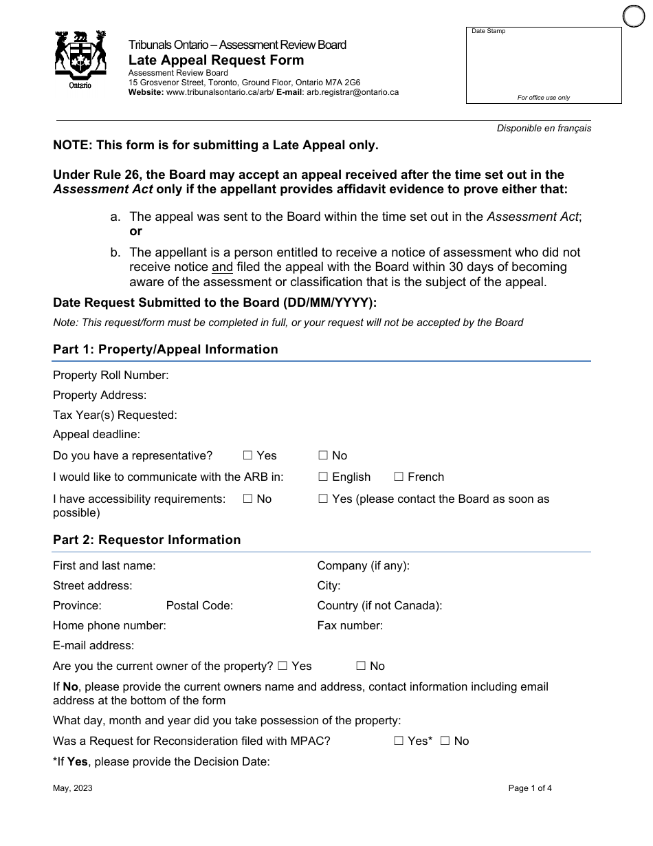 Late Appeal Request Form - Ontario, Canada, Page 1