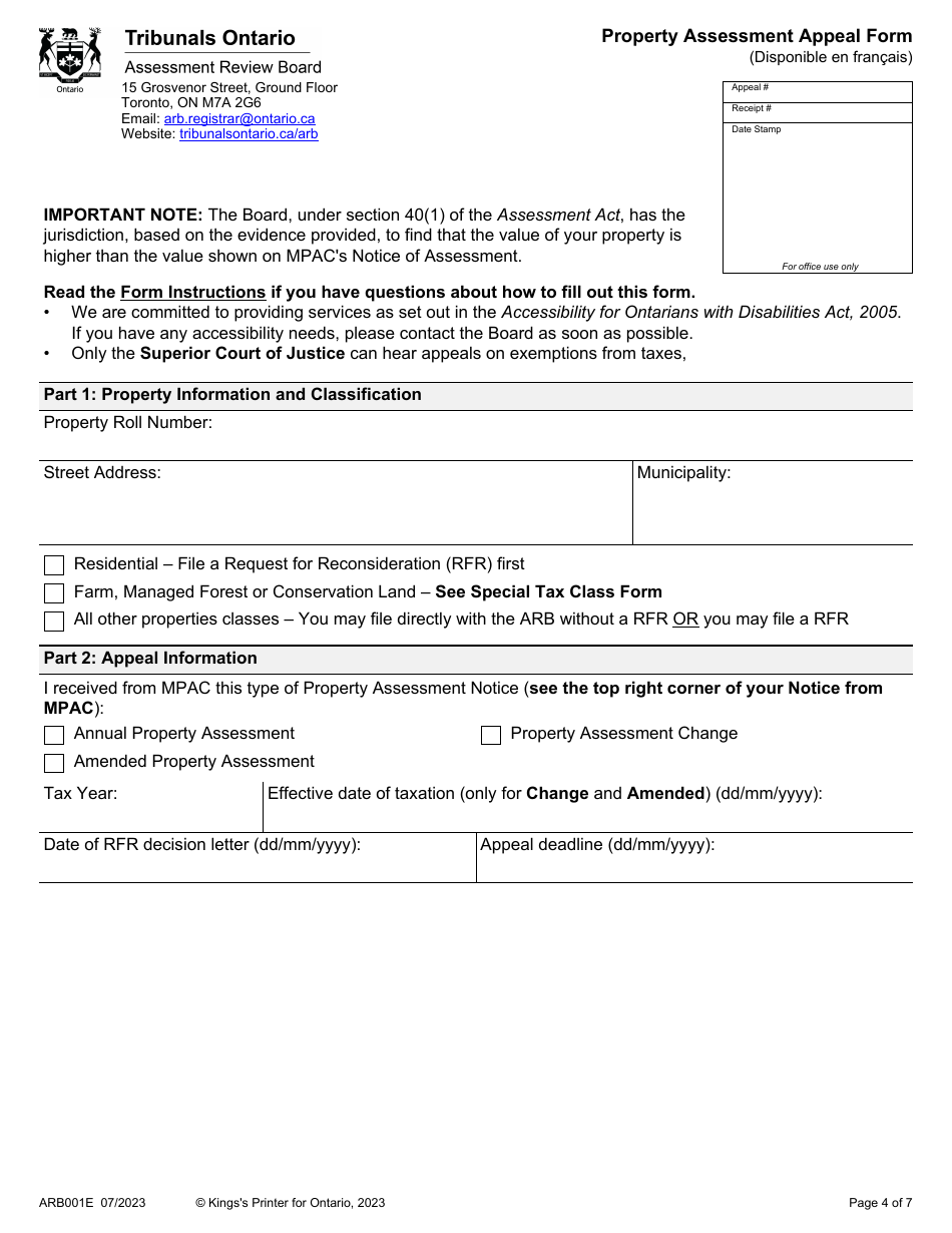 Form ARB001E Property Assessment Appeal Form - Ontario, Canada, Page 4