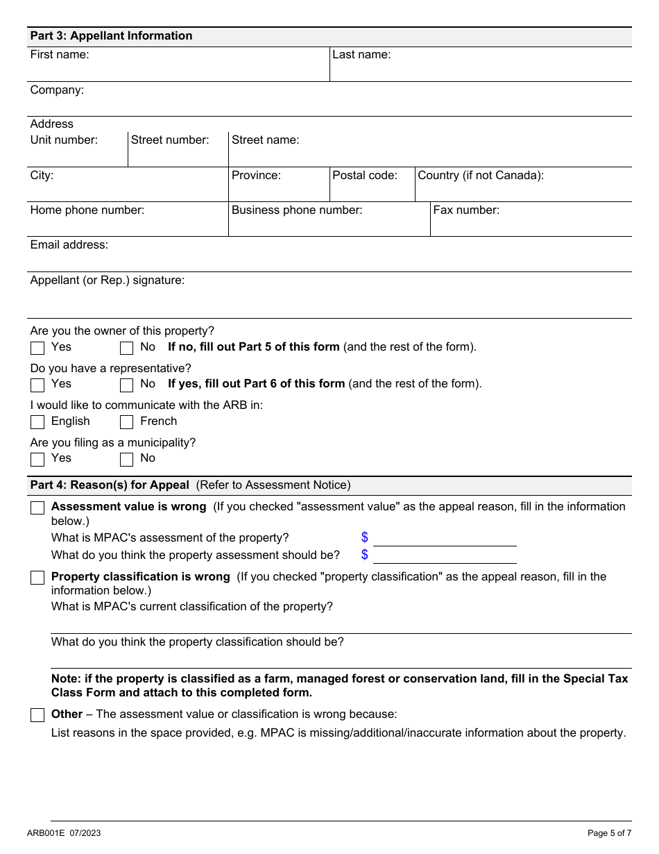 Form ARB001E Property Assessment Appeal Form - Ontario, Canada, Page 5