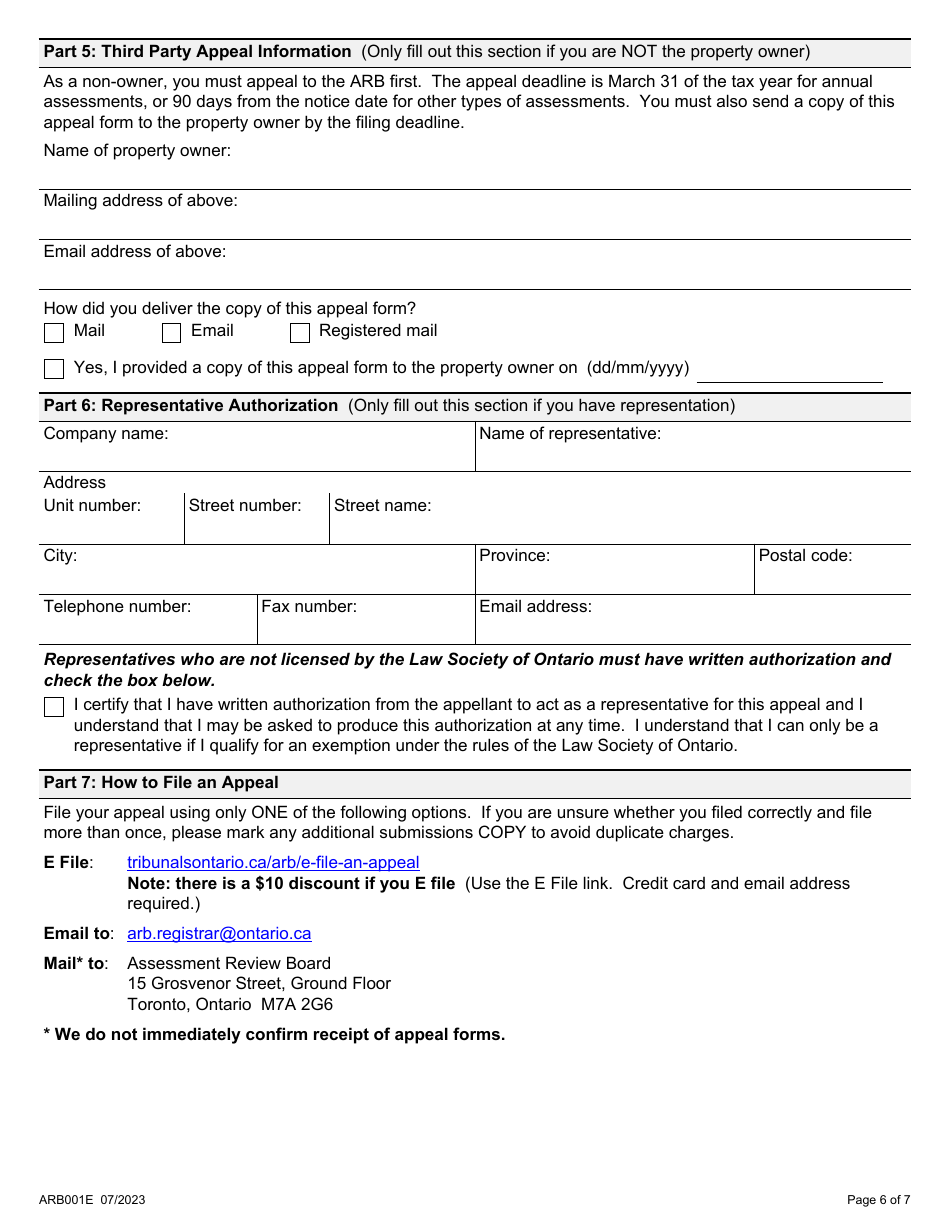 Form ARB001E Property Assessment Appeal Form - Ontario, Canada, Page 6