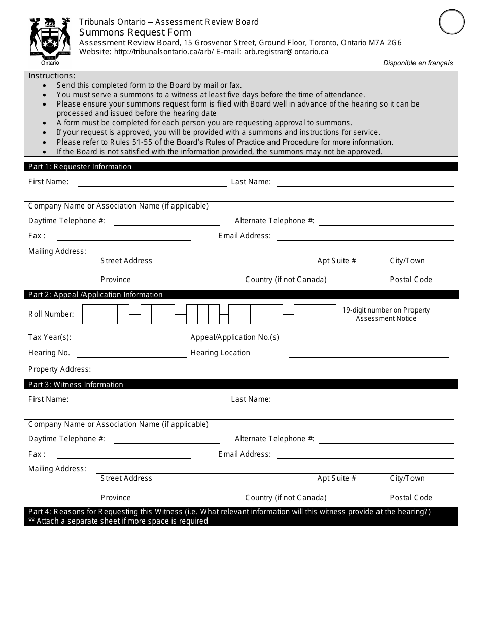 Summons Request Form - Ontario, Canada, Page 1