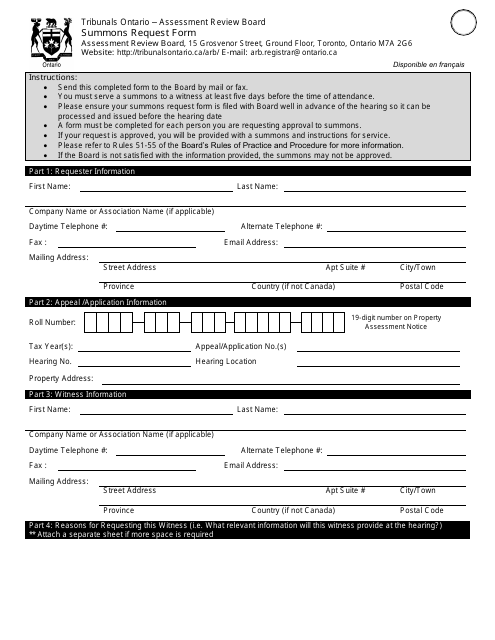 Summons Request Form - Ontario, Canada Download Pdf