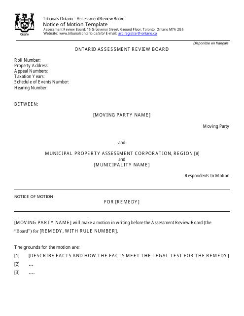 Notice of Motion Template - Ontario, Canada Download Pdf
