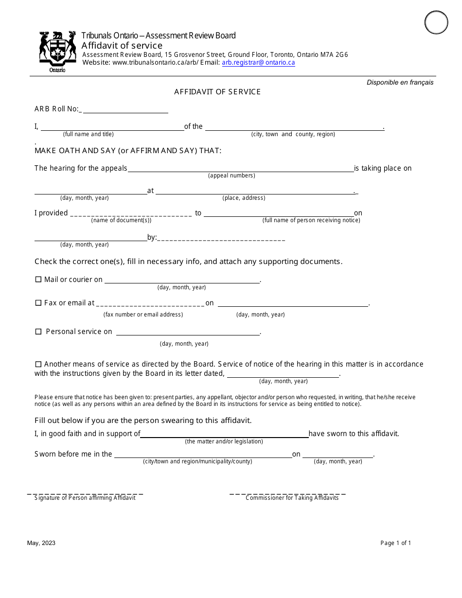 Ontario Canada Affidavit of Service Download Fillable PDF 2021 — 2024