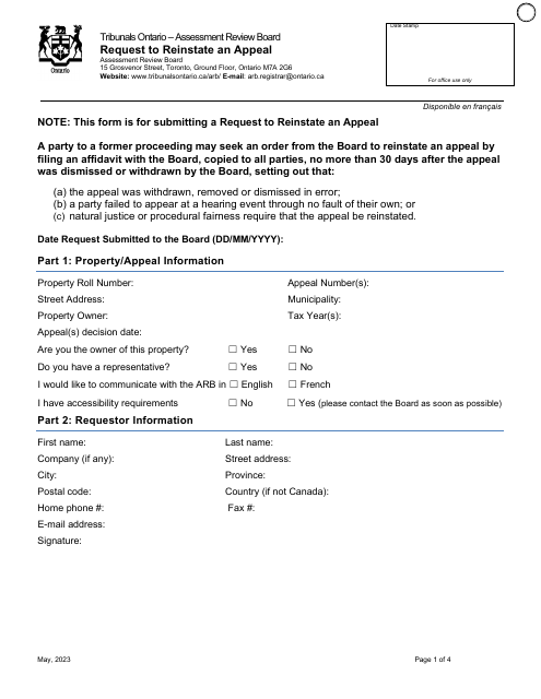 Request to Reinstate an Appeal - Ontario, Canada Download Pdf