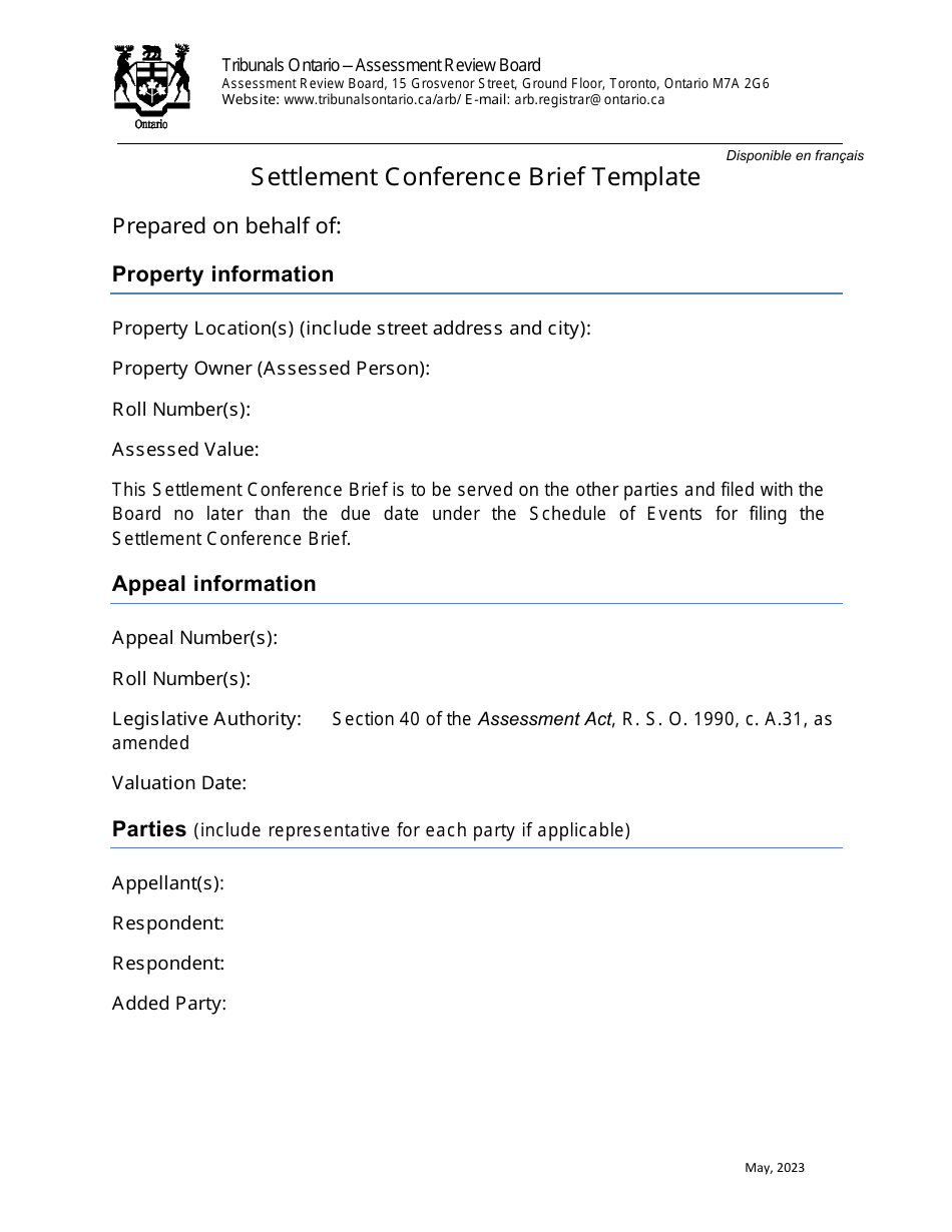 Settlement Conference Brief Template - Ontario, Canada, Page 1
