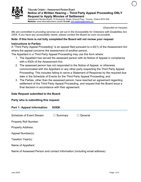 Notice of a Written Hearing - Third Party Appeal Proceeding Only Request to Apply Minutes of Settlement - Ontario, Canada Download Pdf
