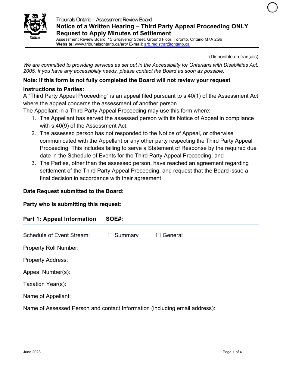 Notice of a Written Hearing - Third Party Appeal Proceeding Only Request to Apply Minutes of Settlement - Ontario, Canada, Page 1