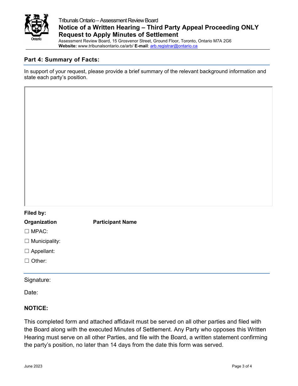 Notice of a Written Hearing - Third Party Appeal Proceeding Only Request to Apply Minutes of Settlement - Ontario, Canada, Page 3