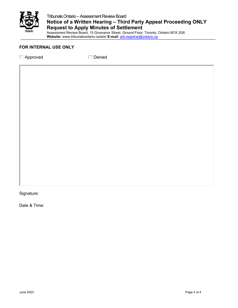 Notice of a Written Hearing - Third Party Appeal Proceeding Only Request to Apply Minutes of Settlement - Ontario, Canada, Page 4