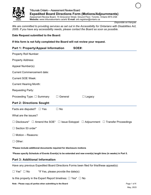 Expedited Board Directions Form (Motions / Adjournments) - Ontario, Canada Download Pdf