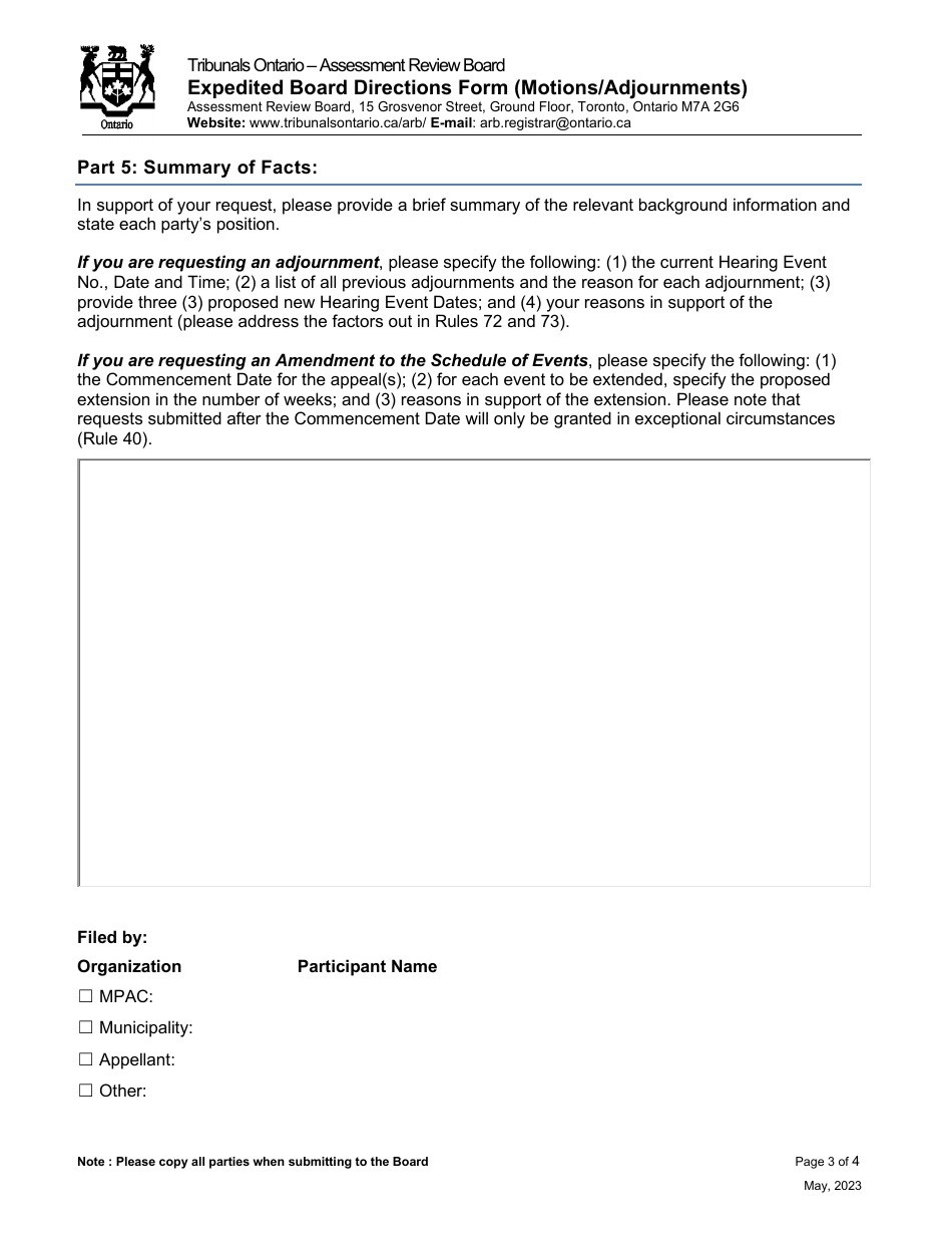 Expedited Board Directions Form (Motions / Adjournments) - Ontario, Canada, Page 3