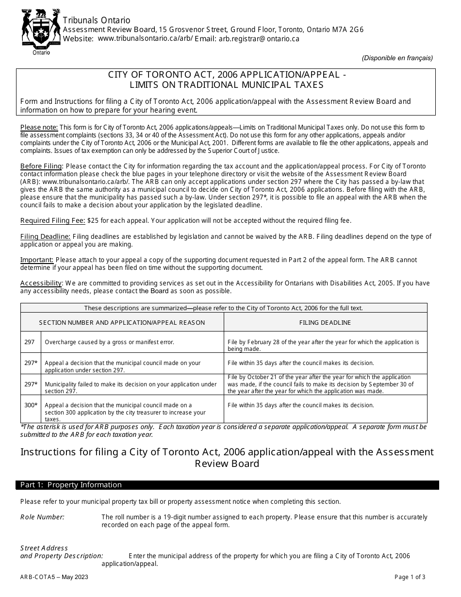 Form ARB-COTA5 Download Fillable PDF or Fill Online City of Toronto Act ...