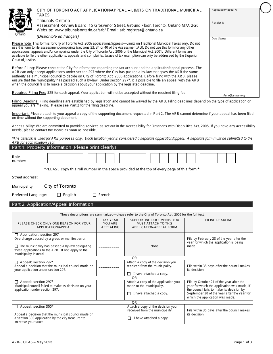 Form ARB-COTA5 City of Toronto Act Application / Appeal - Limits on Traditional Municipal Taxes - Ontario, Canada, Page 4