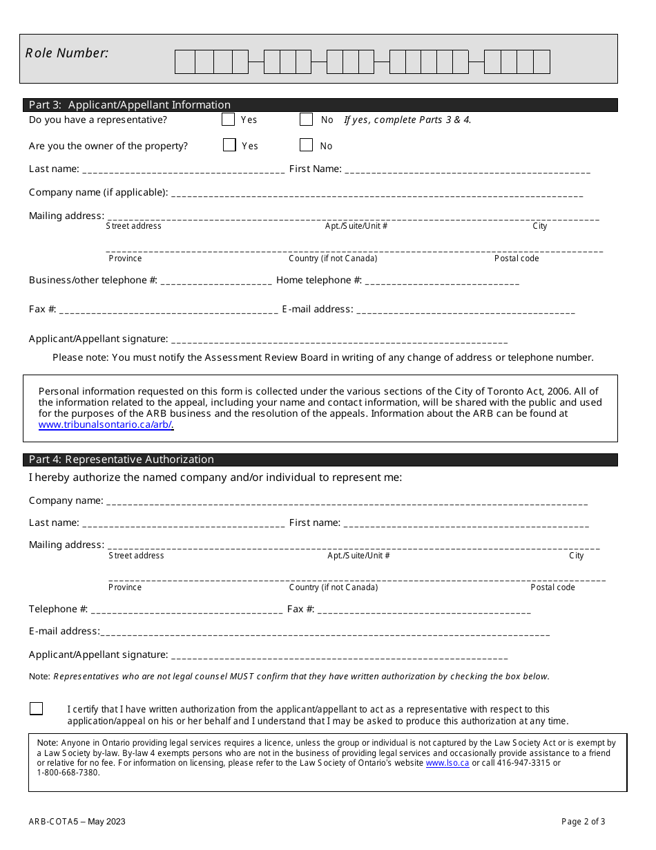 Form ARB-COTA5 City of Toronto Act Application / Appeal - Limits on Traditional Municipal Taxes - Ontario, Canada, Page 5