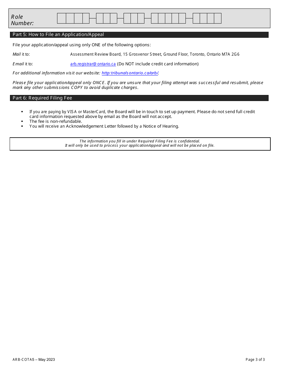 Form ARB-COTA5 City of Toronto Act Application / Appeal - Limits on Traditional Municipal Taxes - Ontario, Canada, Page 6
