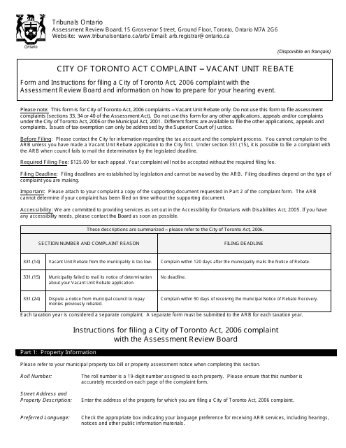 City of Toronto Act Complaint - Vacant Unit Rebate - Ontario, Canada Download Pdf